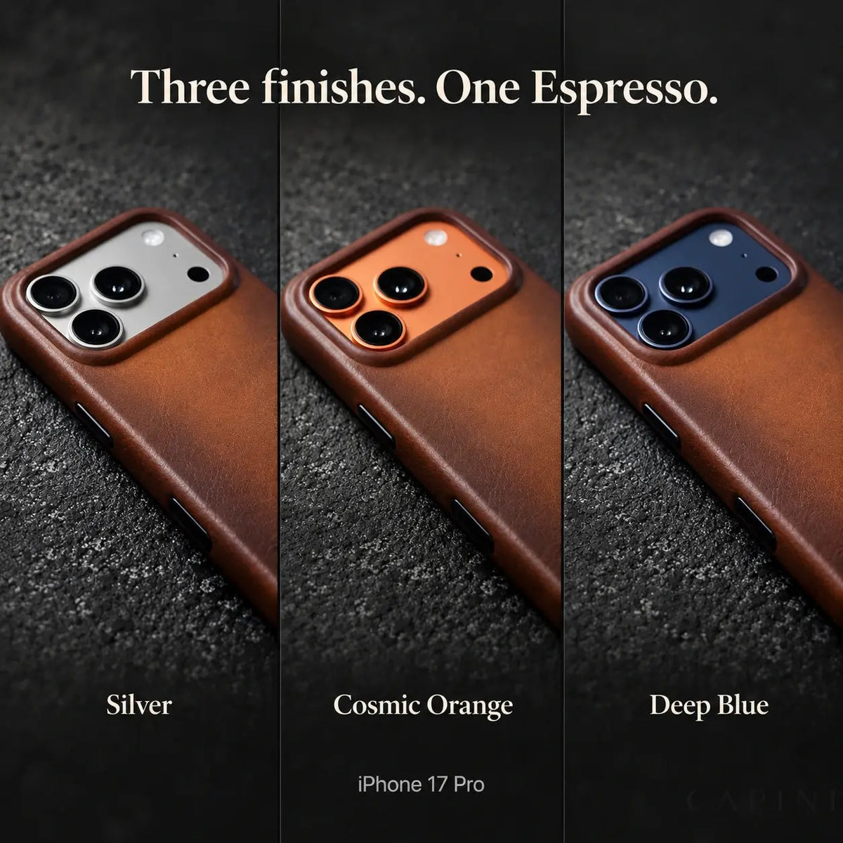 Copenhagen Espresso leather case shown with three iPhone 17 Pro finishes