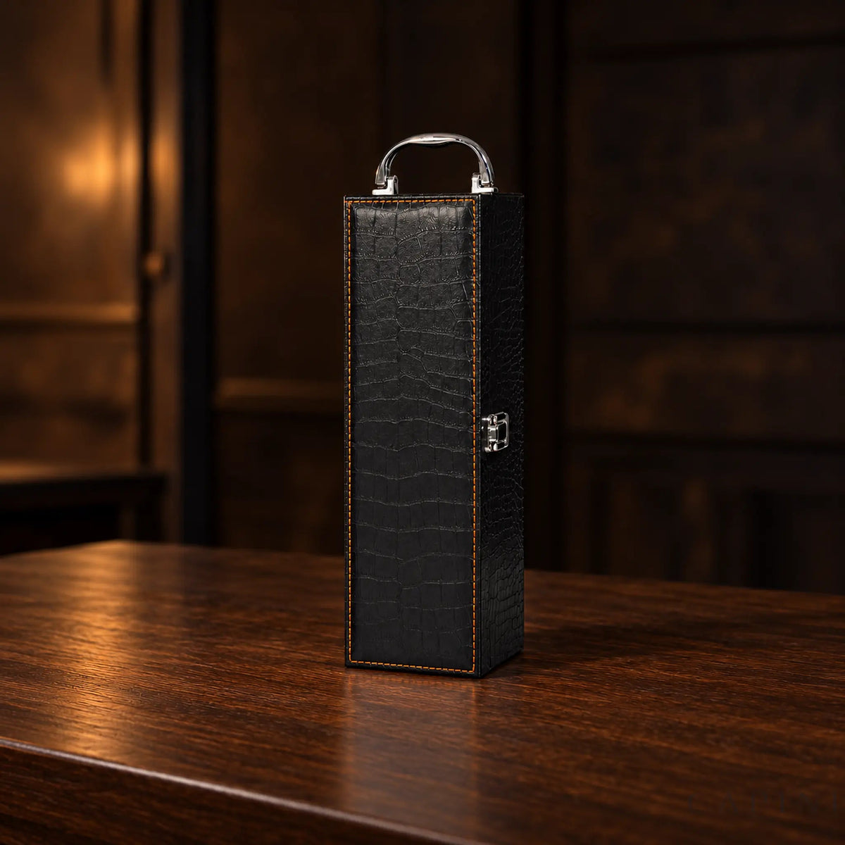 Montalcino sommelier wine case in black croc-grain vegan leather on dark walnut