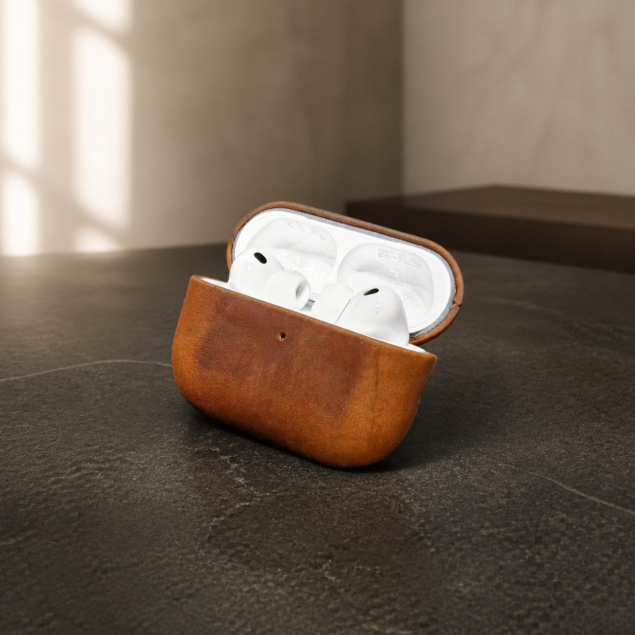 Orvieto AirPods leather case in Cocoa, open front view