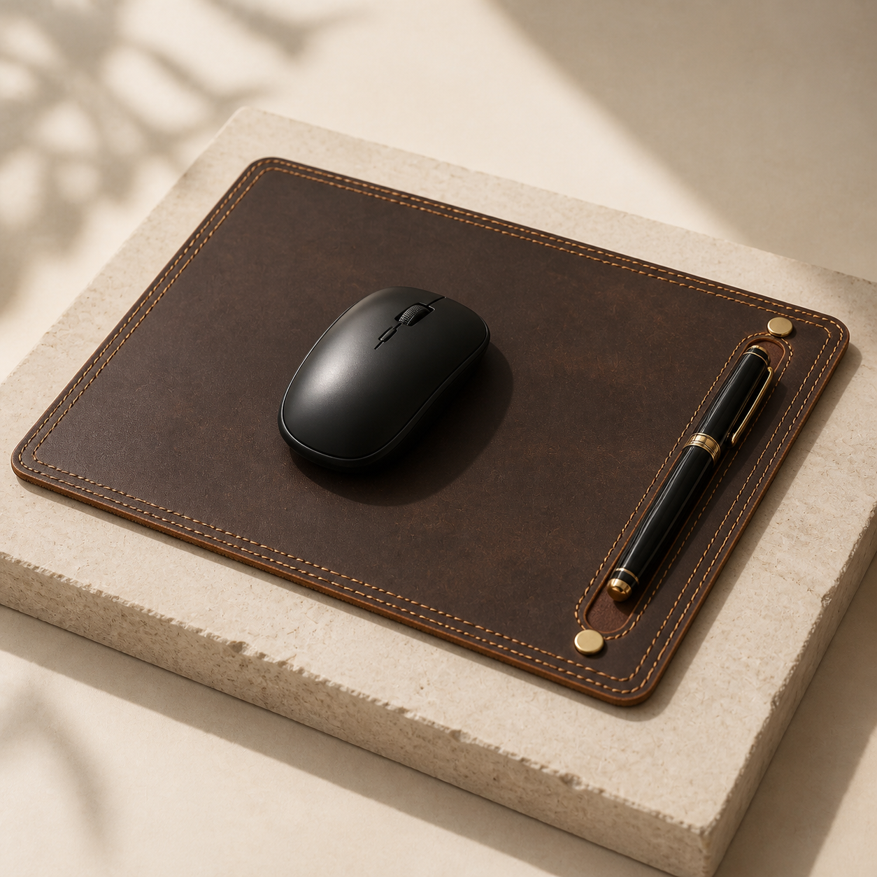 Coffee-brown Crazy Horse leather mouse pad with black mouse and pen