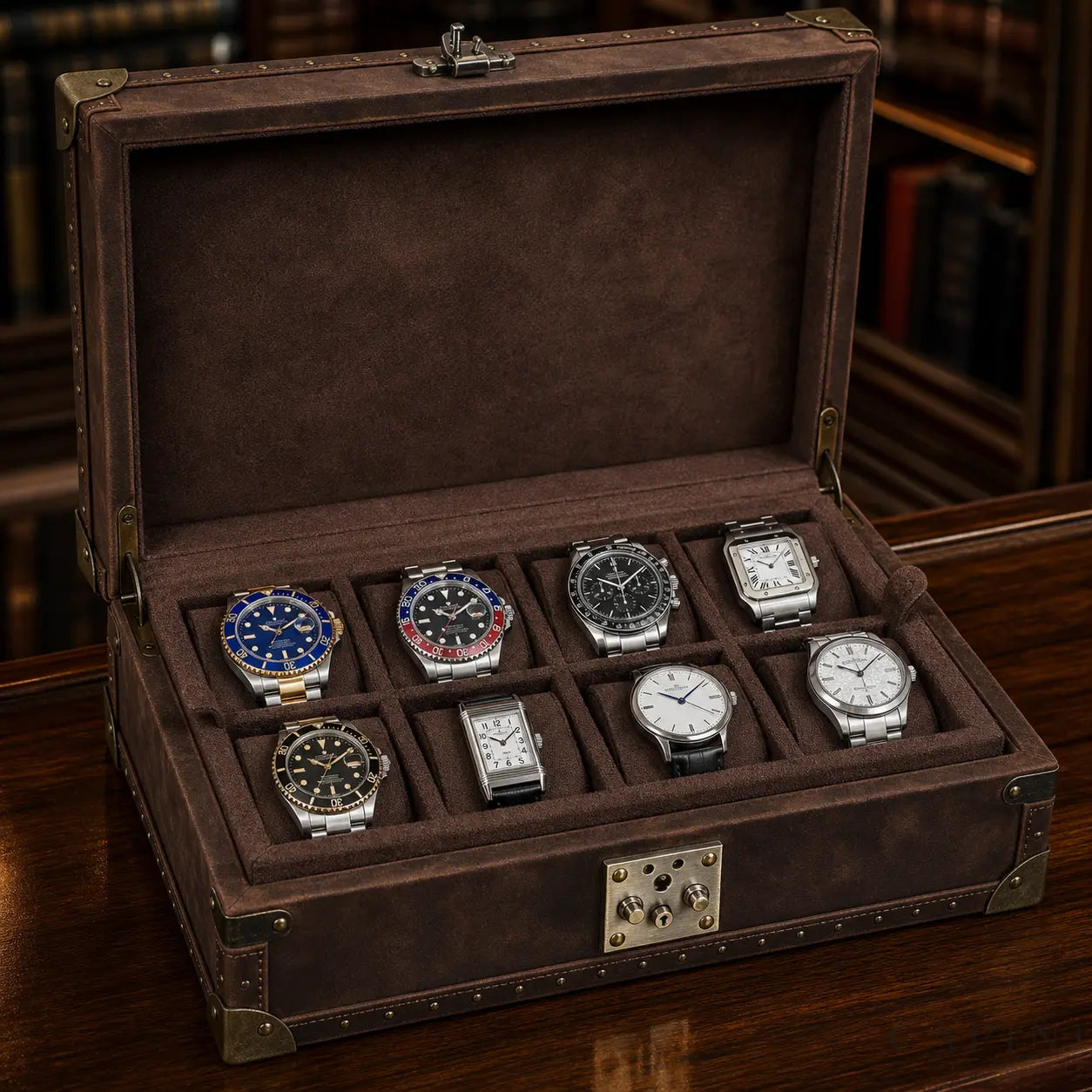 Perugia Crazy Horse watch trunk with eight iconic collector watches