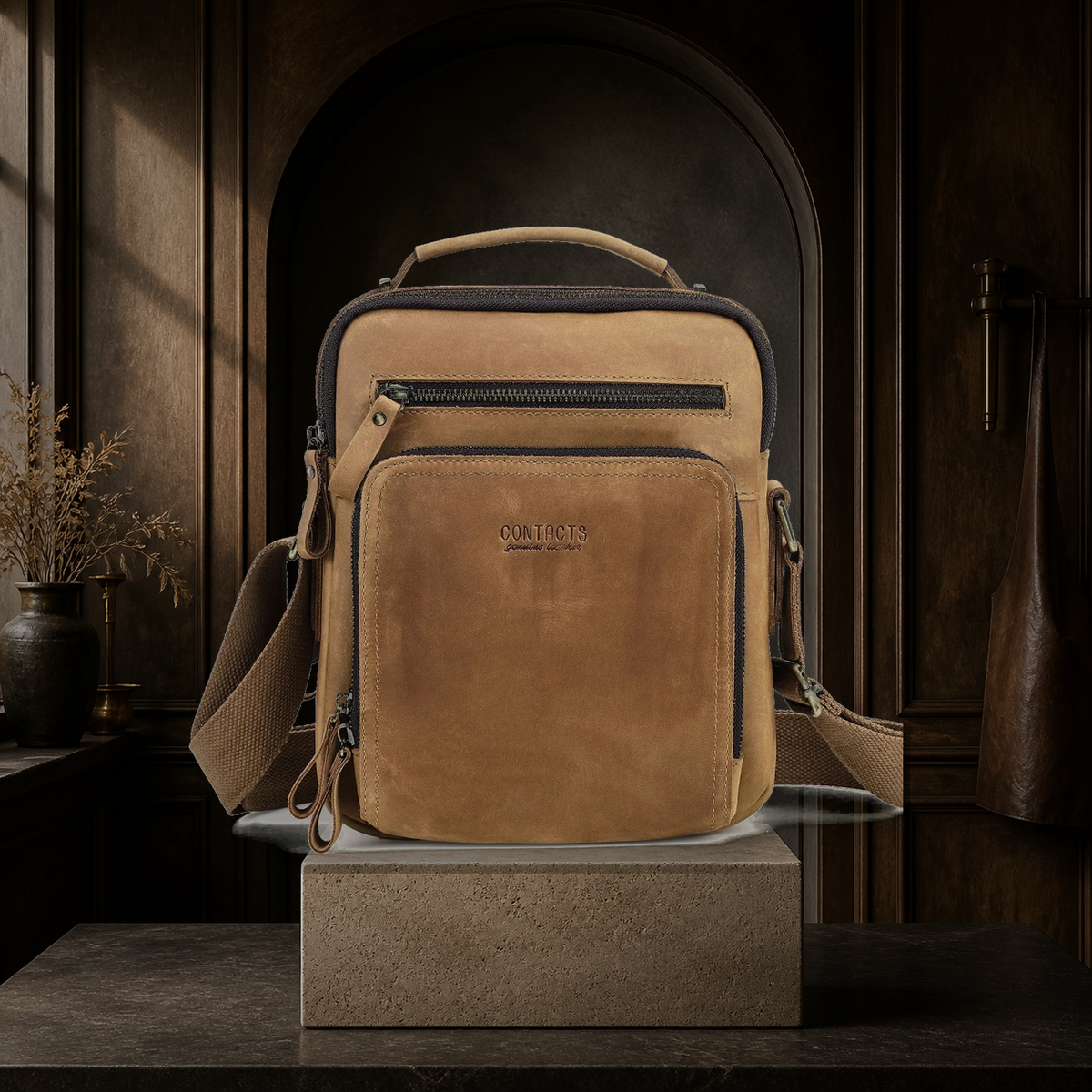 Volterra Crazy Horse messenger bag in Cognac, front view