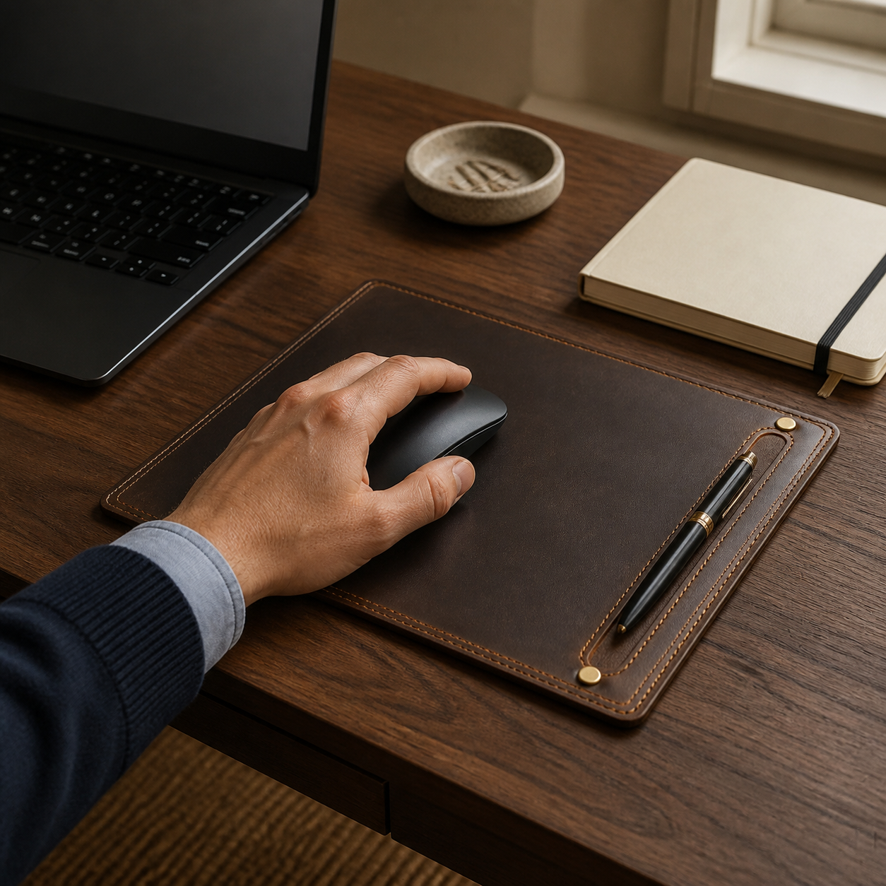 Leather mouse pad in a premium walnut home-office setting
