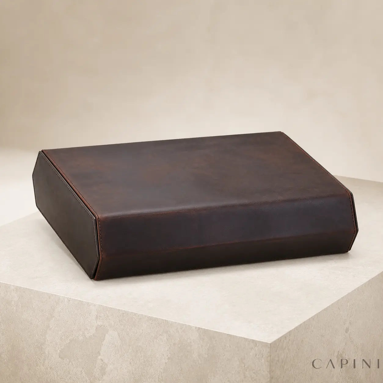 Pienza Crazy Horse watch display case closed, showing the leather exterior