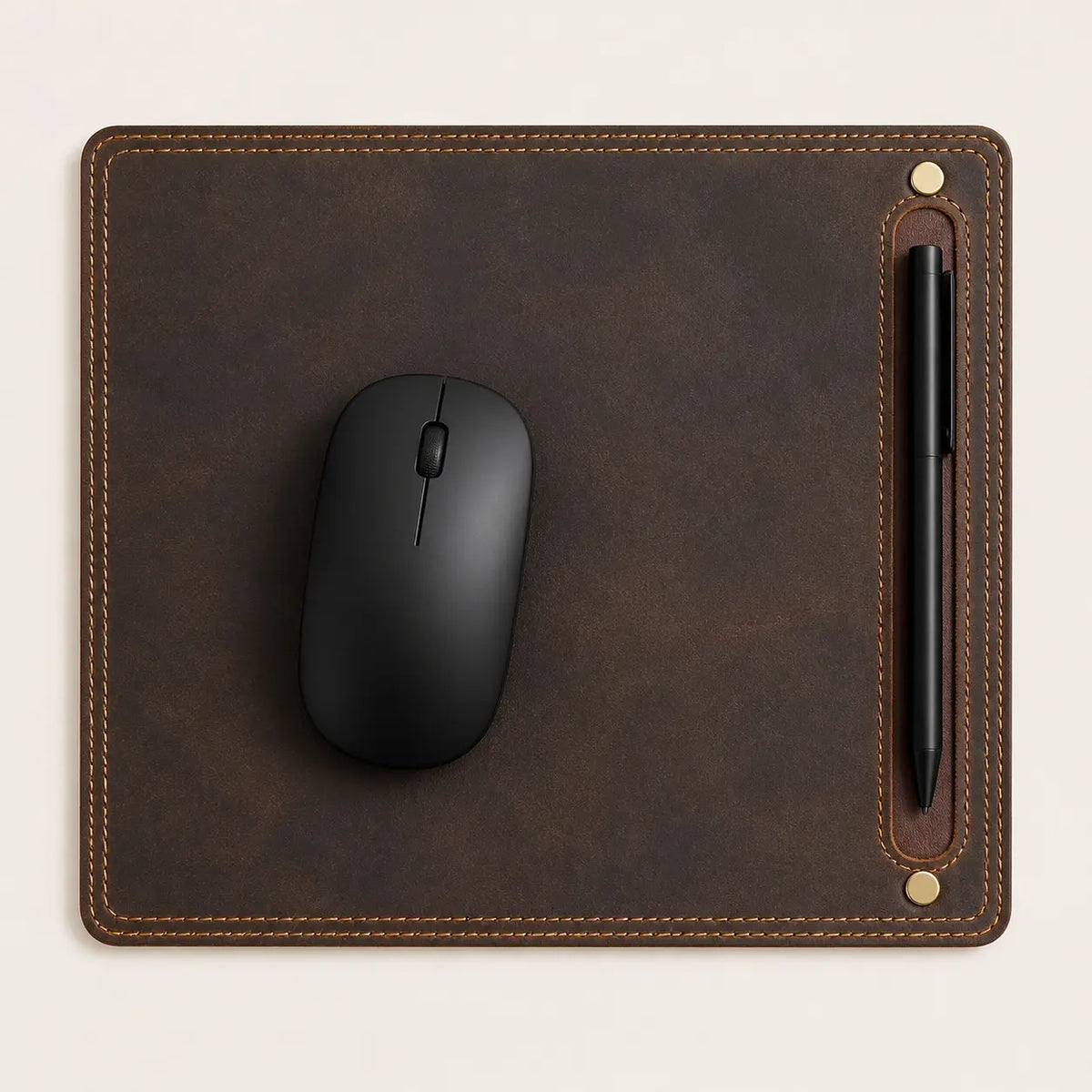 Top view of coffee-brown leather mouse pad with side pen holder