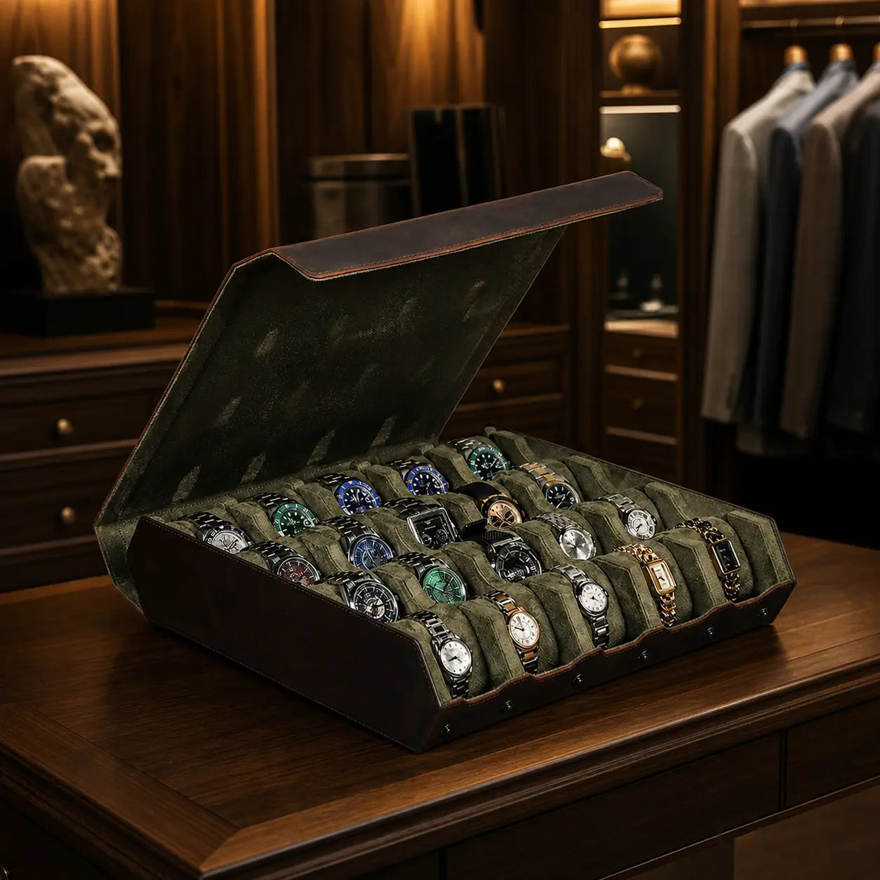 Pienza watch display case styled in a private collector dressing room
