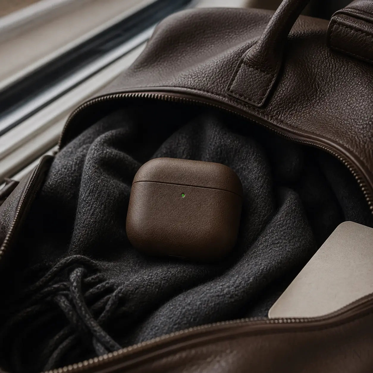 Pesaro Fine Grain espresso AirPods 4 leather case in a travel setting