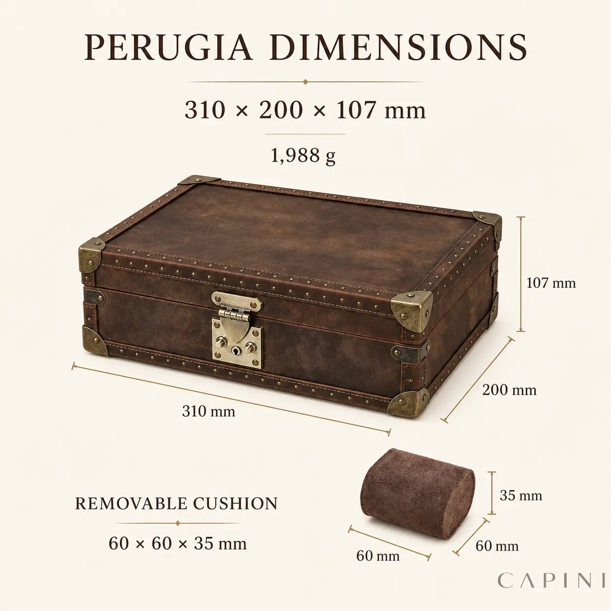 Perugia dimensions: 310 x 200 x 107 mm and removable cushion size