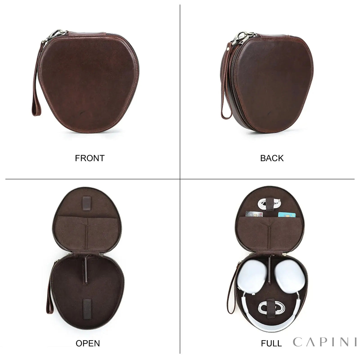 Sanremo case front, back, open and with AirPods Max inside