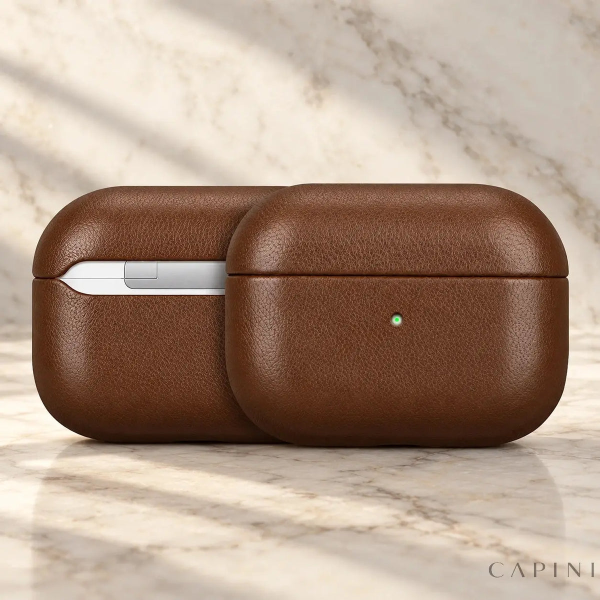 Biella Coffee - front and rear leather case on light marble