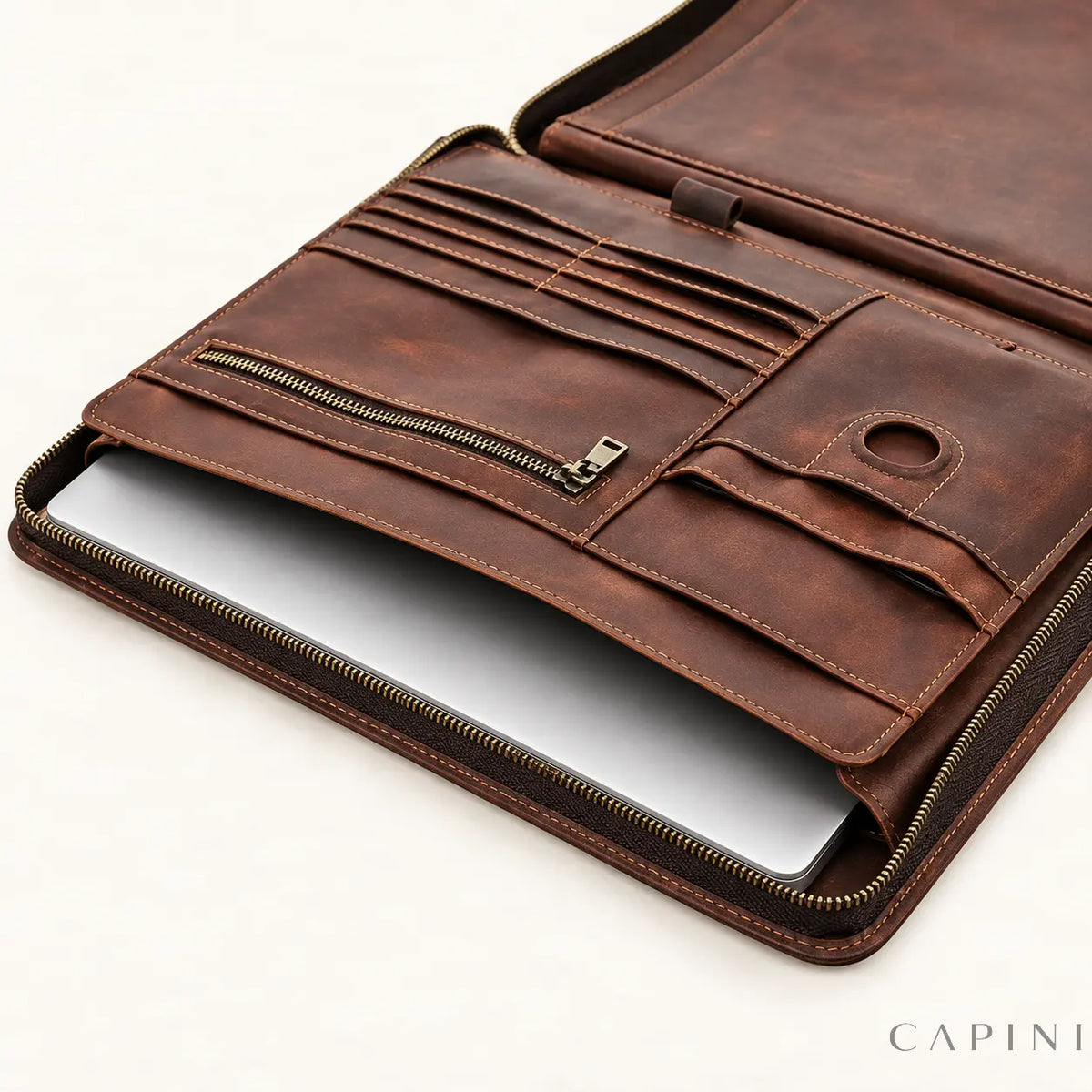 Macerata leather padfolio - laptop sleeve behind the interior organizer
