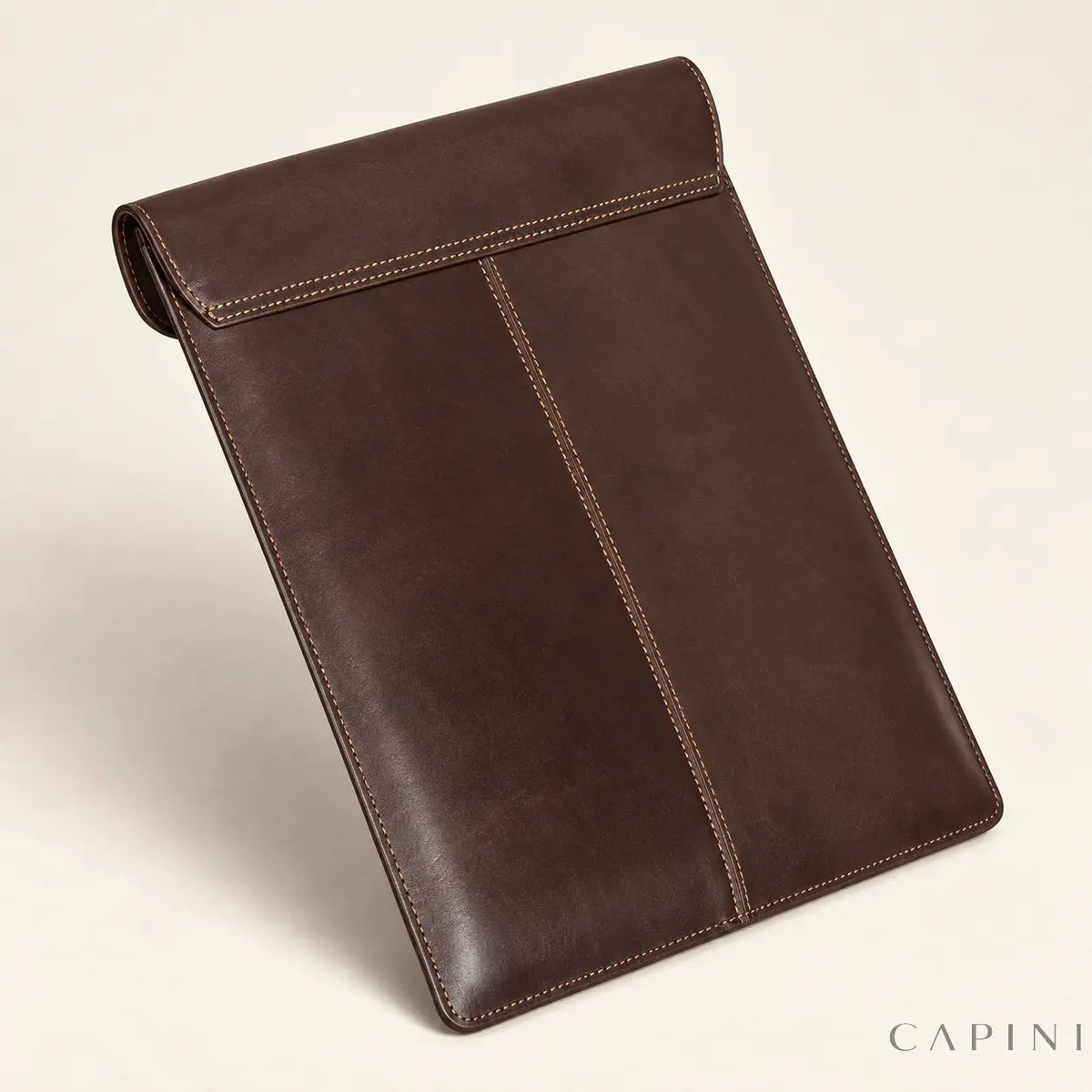 Solofra espresso leather envelope - rear panel and central stitched seam