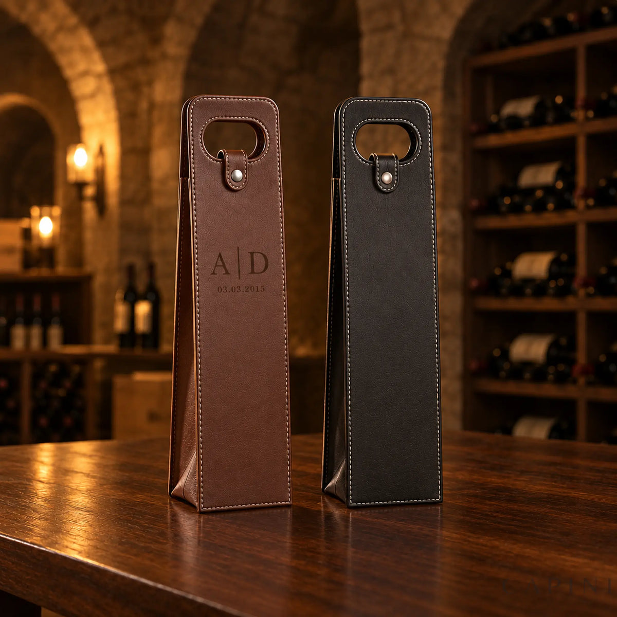Conegliano Espresso engraved carrier and plain Black carrier in a cellar setting