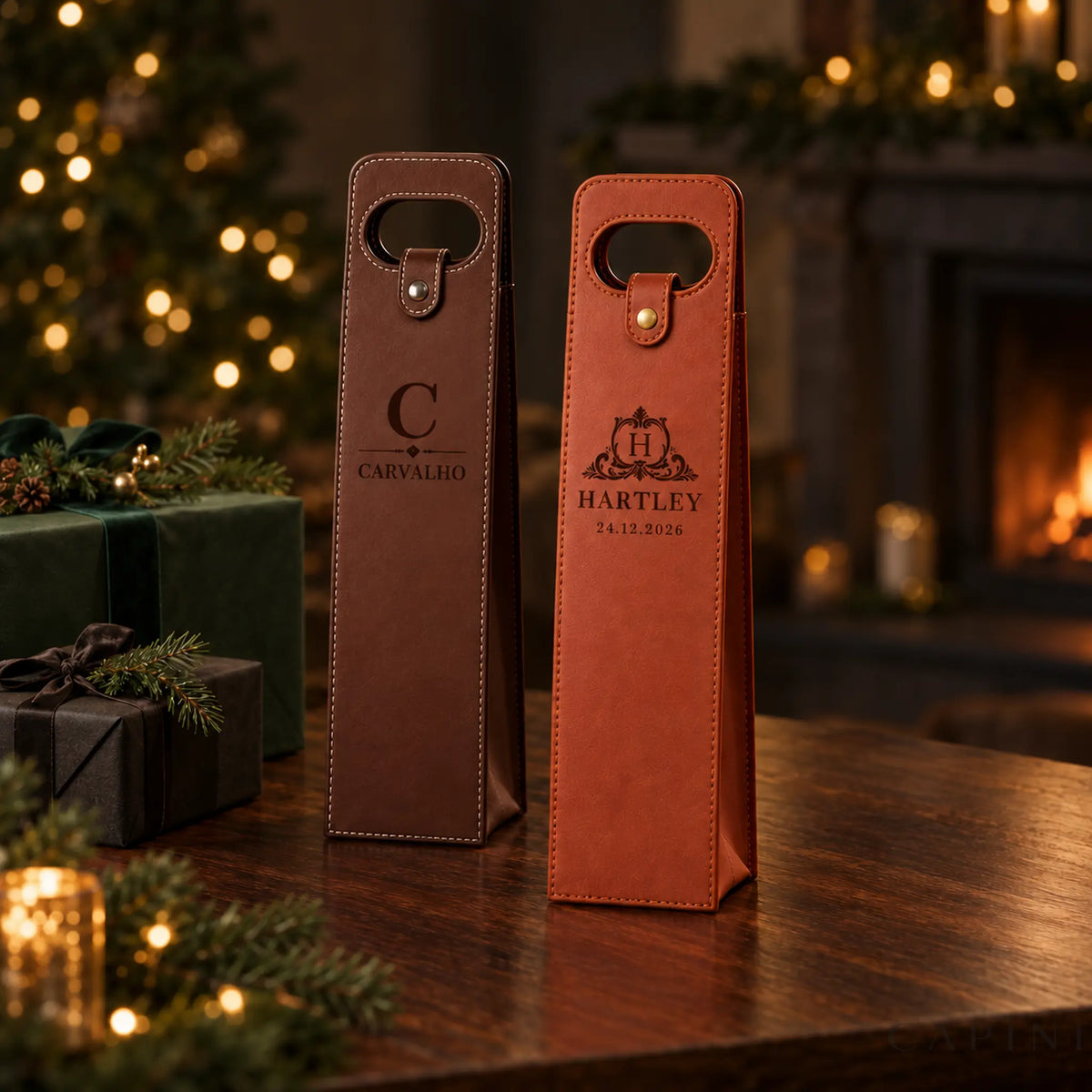 Conegliano Cognac Hartley and Espresso Carvalho engraved carriers in a Christmas setting
