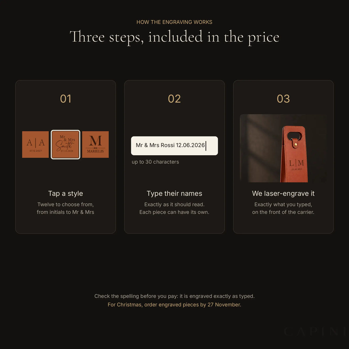 How the engraving works: tap a style, type their names, we laser-engrave it