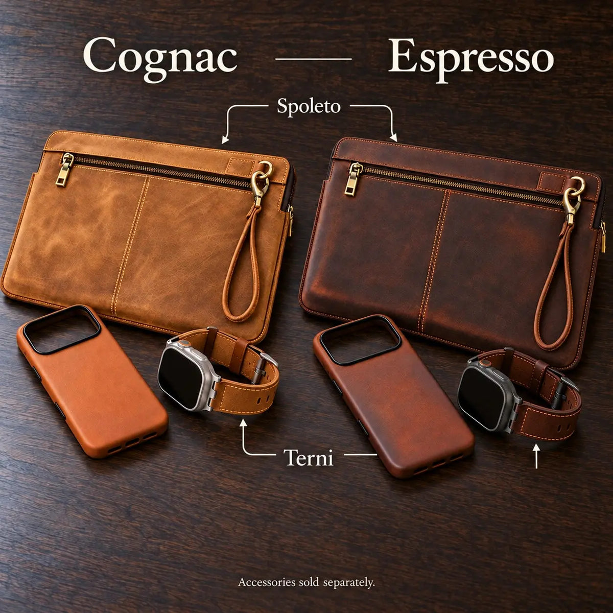 Copenhagen Cognac and Espresso sets with Spoleto MacBook sleeves and Terni Apple Watch straps — accessories sold separately