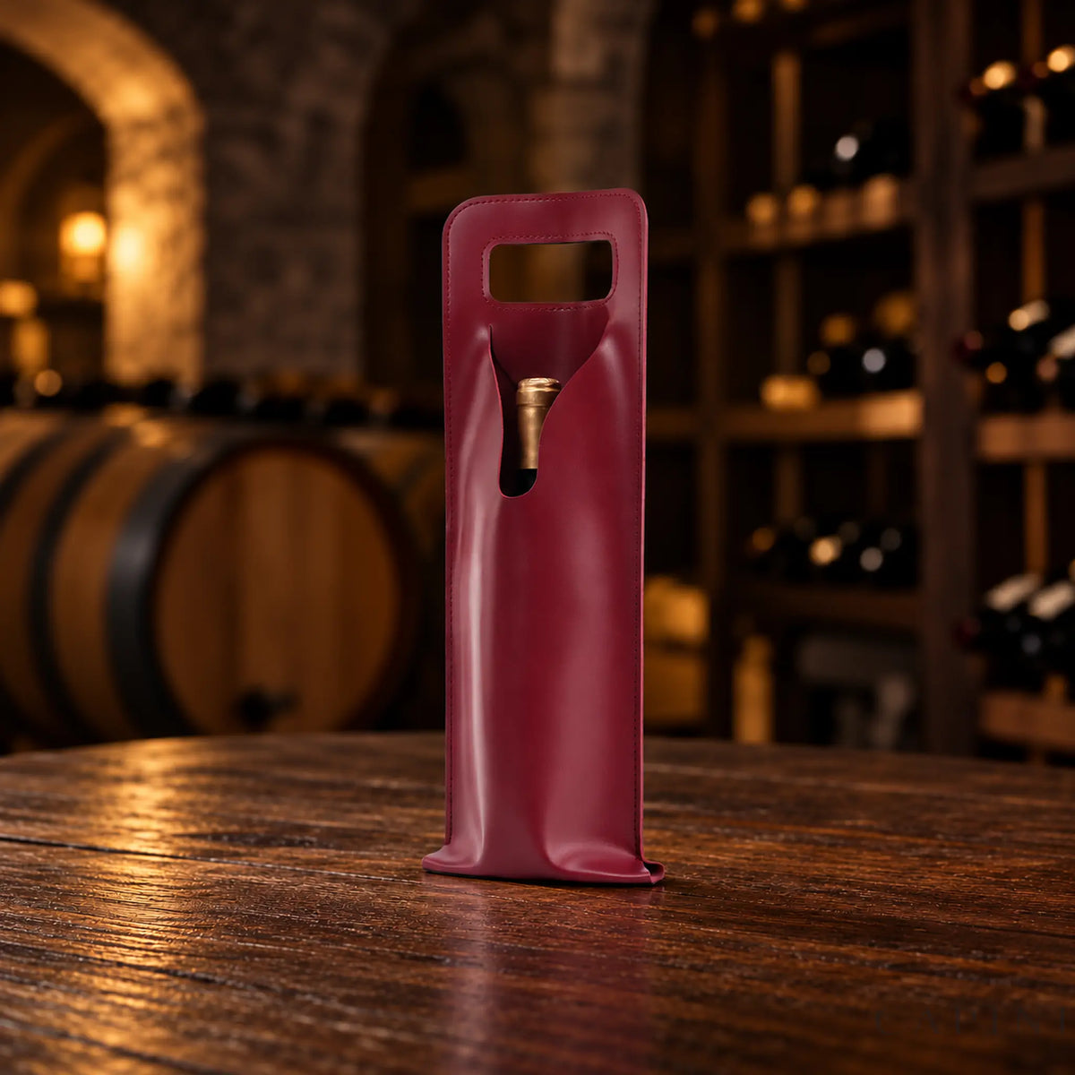 Cormons Window Front wine carrier in Burgundy on dark walnut