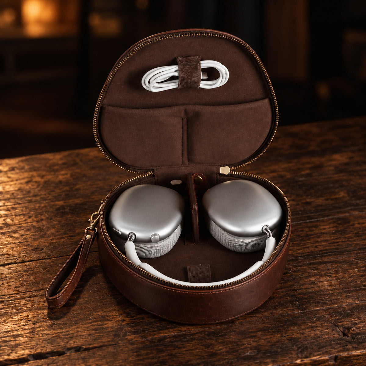 Sanremo leather case open on a dark walnut table with AirPods Max inside