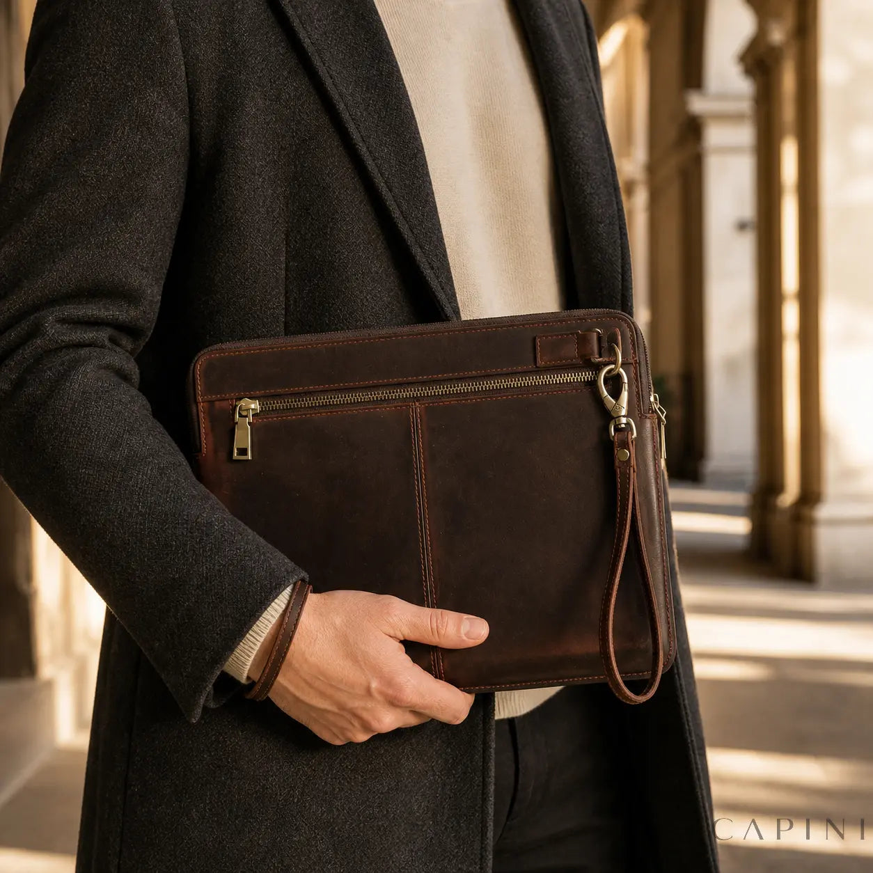 Spoleto Espresso leather MacBook sleeve carried by hand