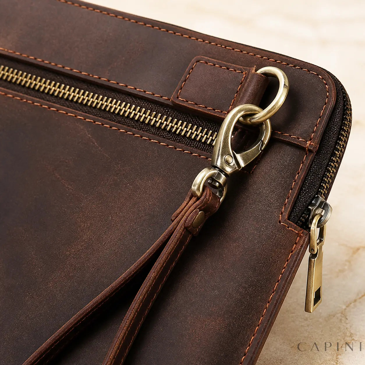 Spoleto Crazy Horse leather, stitching and antique brass hardware