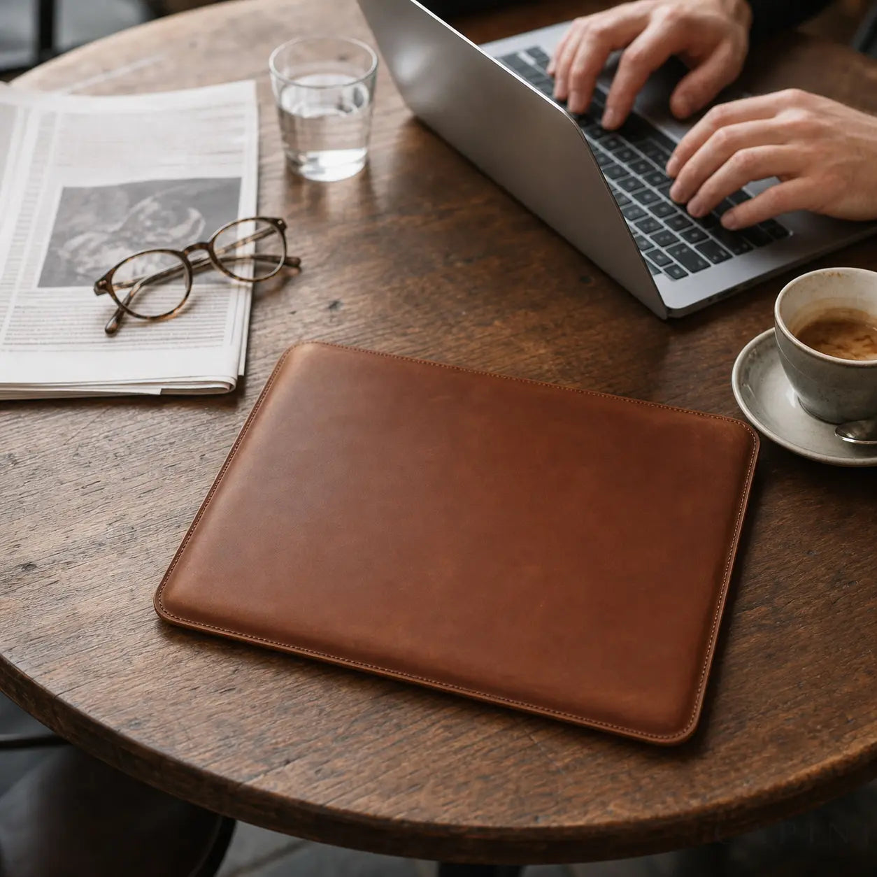 Ivrea Cognac leather MacBook sleeve on a cafe worktable