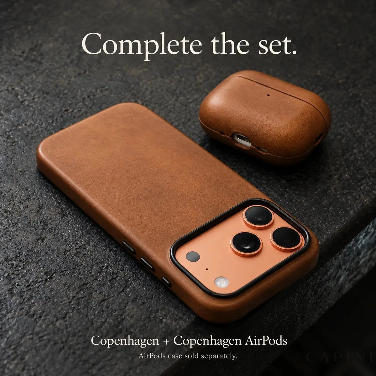 Copenhagen Cognac phone case and Copenhagen AirPods leather case — sold separately