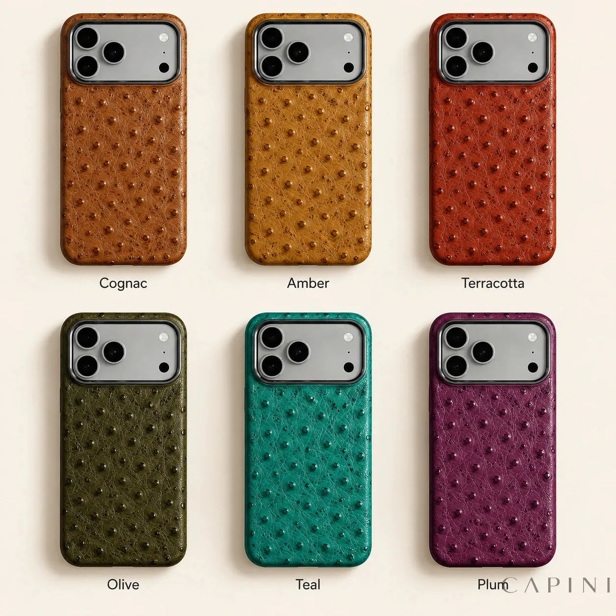 Deruta in Cognac, Amber, Terracotta, Olive, Teal and Plum; illustrative colour comparison.