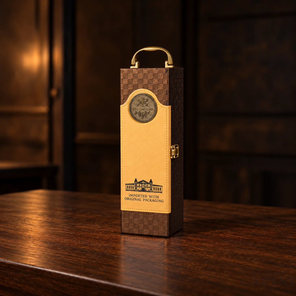 Montalcino Honey wine case with light tan panel, brass hardware and physical black castle printing