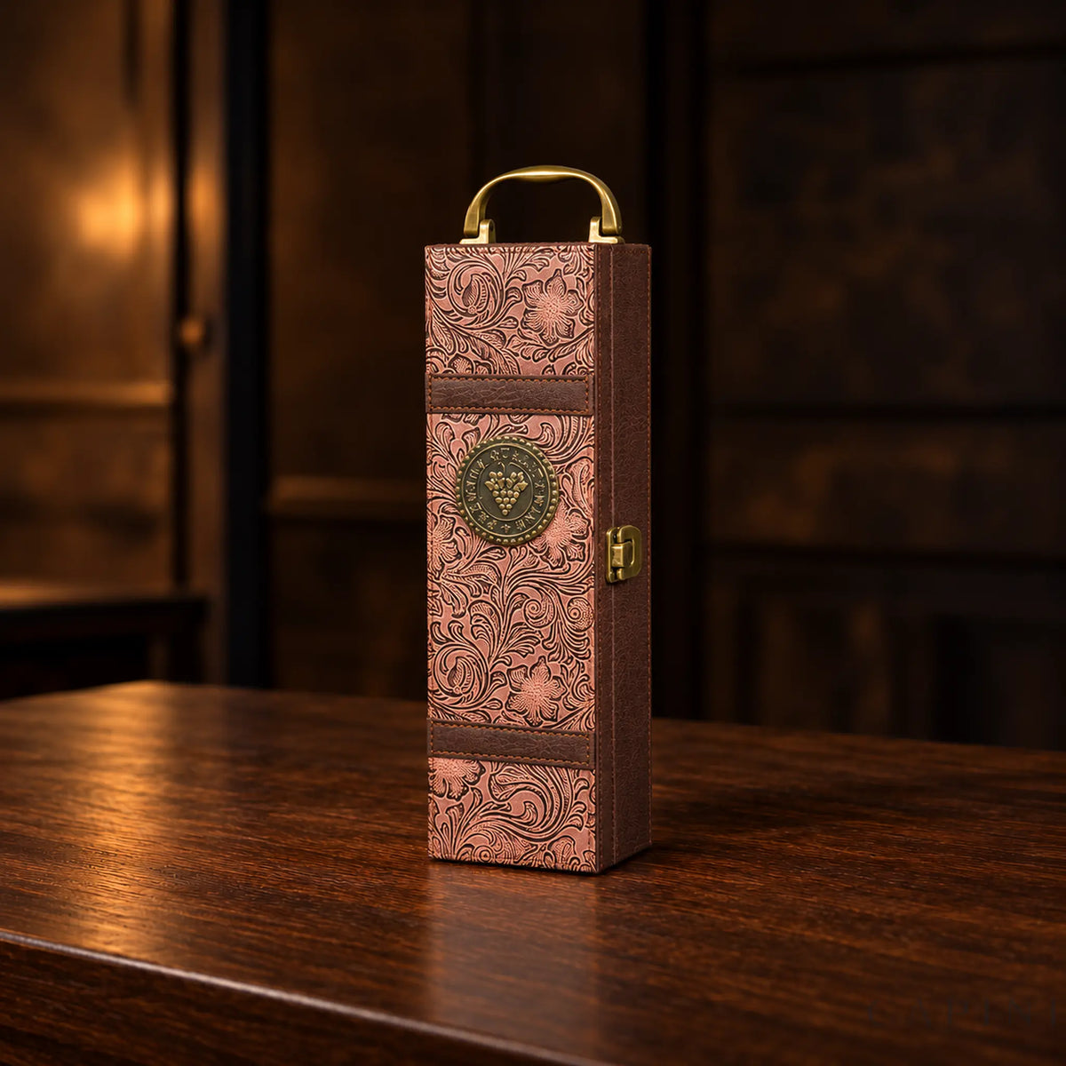 Montalcino Tooled Brown wine case with copper floral embossing and brass hardware