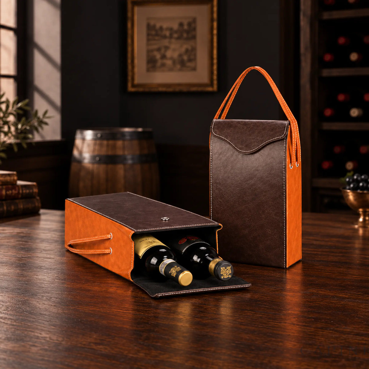 Pollenzo two-bottle wine tote open with two wine bottles inside