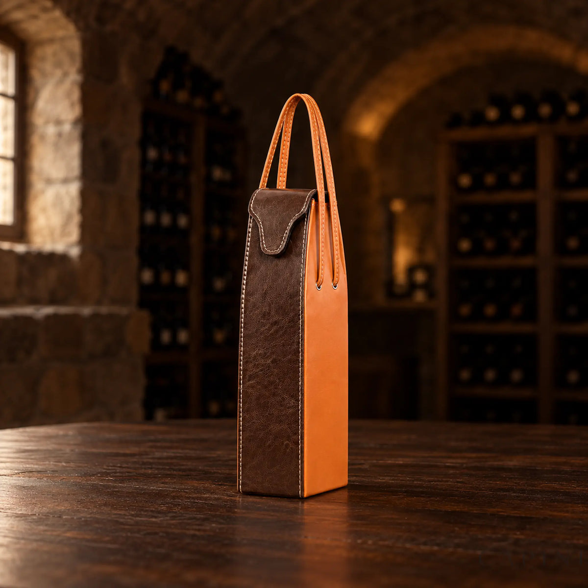 Pollenzo one-bottle wine tote on walnut in a dark cellar