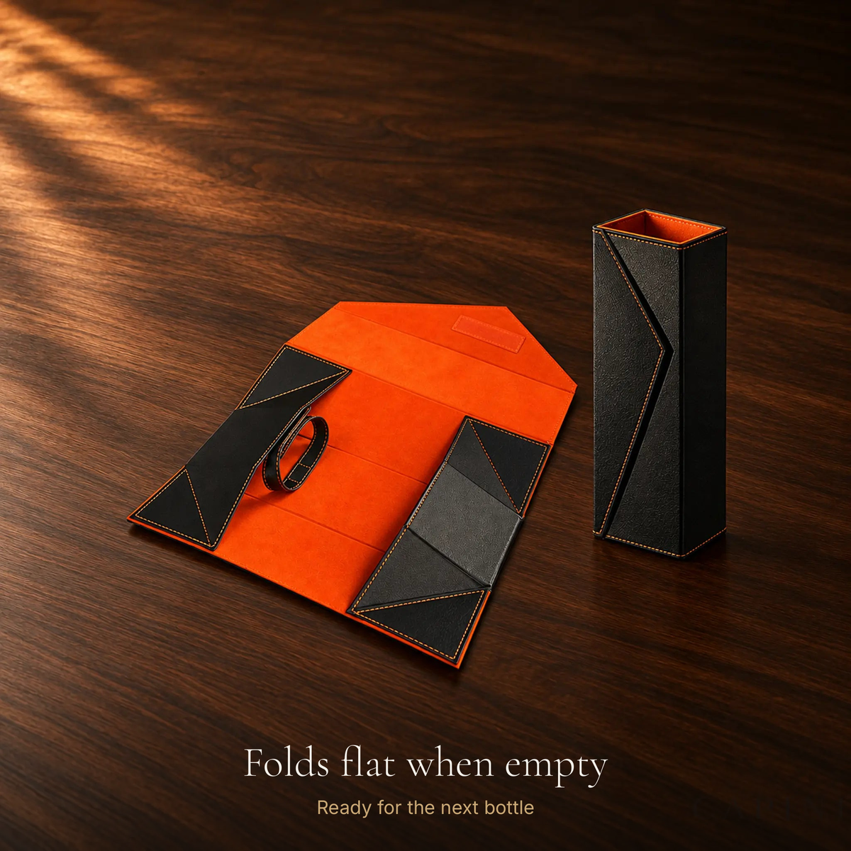 Radda Black shown folded flat and assembled with its orange lining