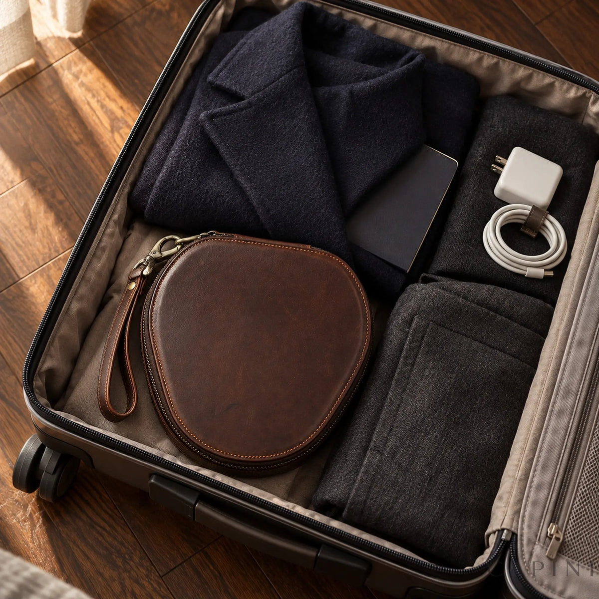 Open carry-on suitcase with the closed Sanremo case beside a coat and charger