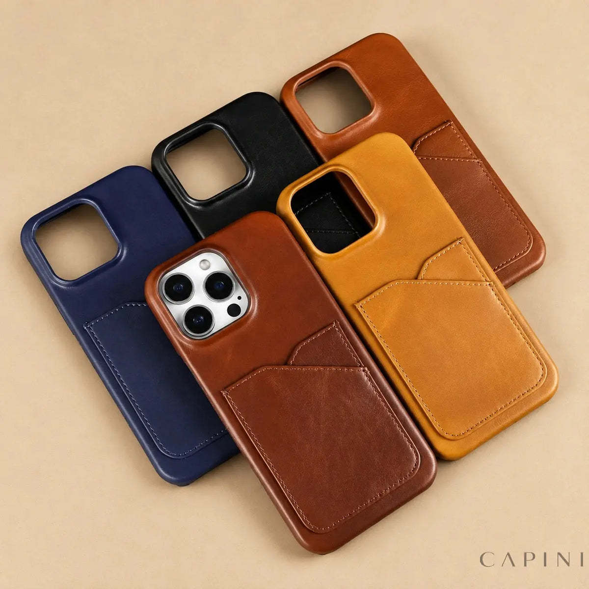 Treviso waxed leather card-pocket cases in five colours on beige