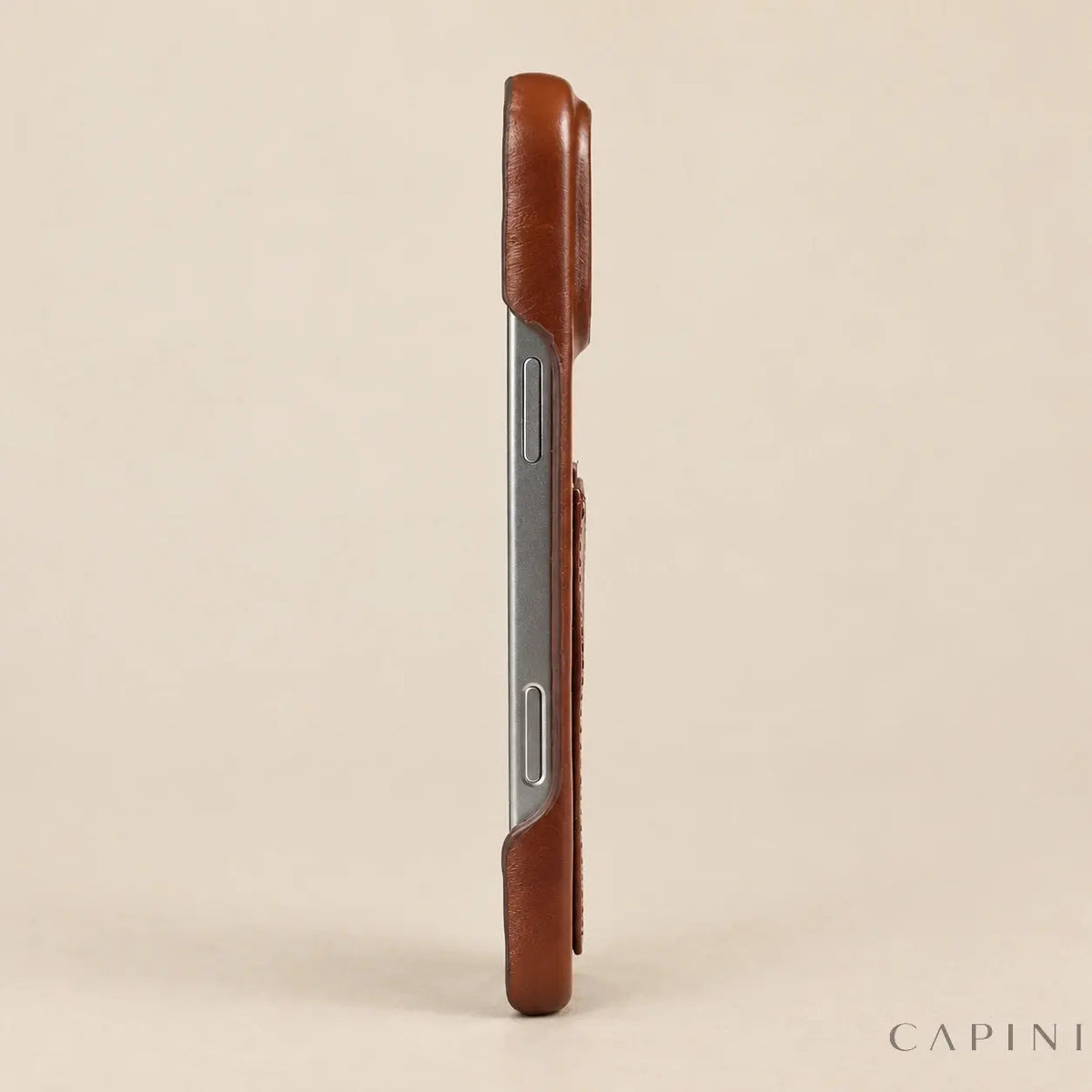 Treviso leather case side profile on beige