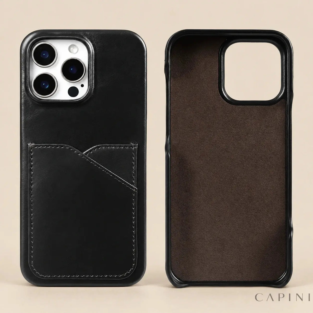 Treviso Black - leather card pocket and microfibre interior