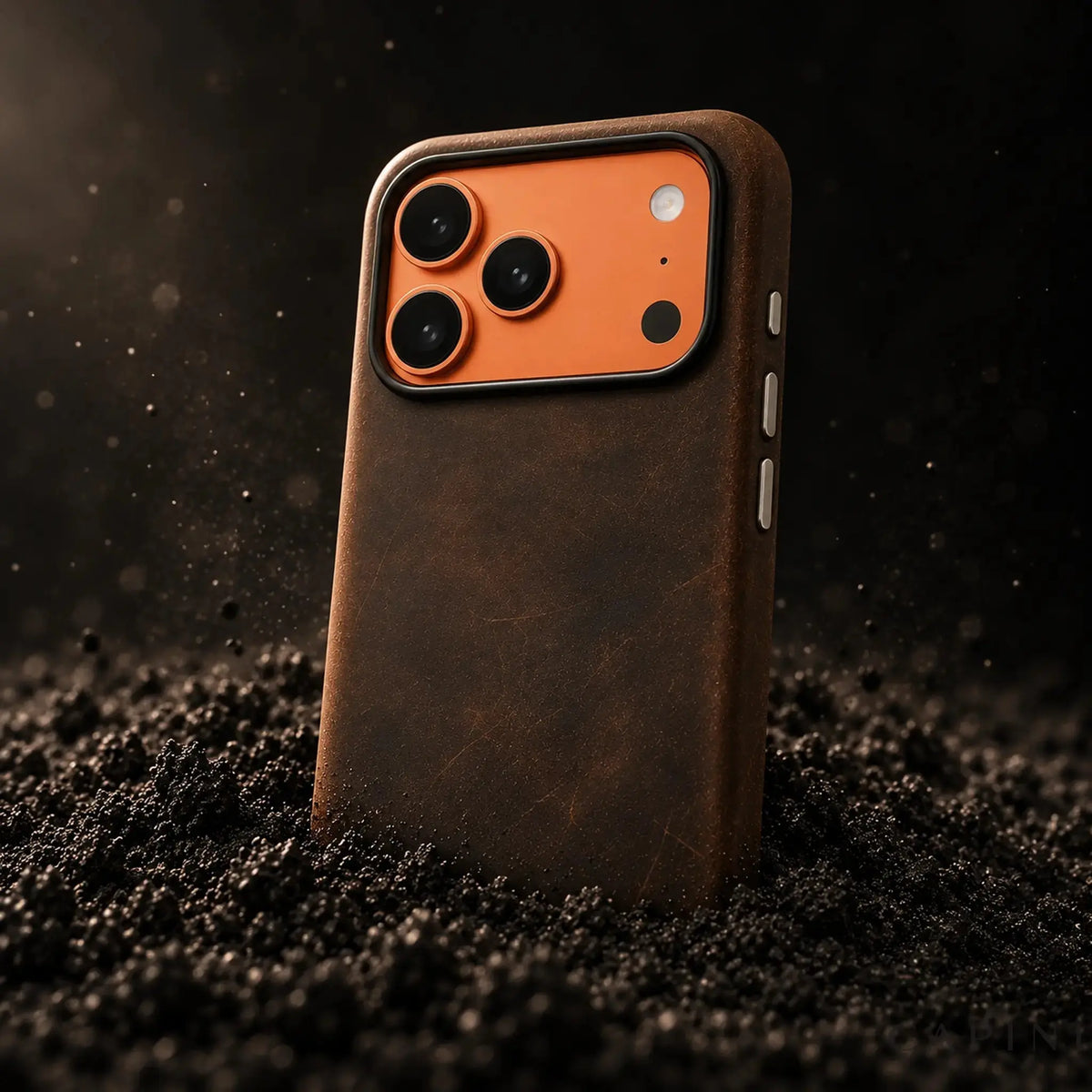 Ferrara Crazy Horse leather iPhone case in dark brown, standing in black sand