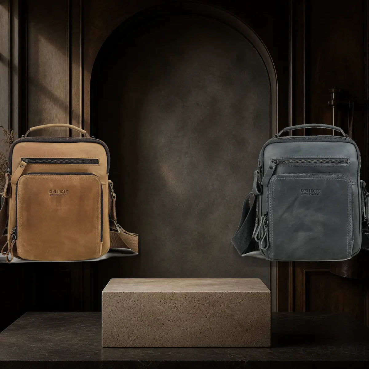 Capini Firenze leather bags for travel in a dark Florentine atelier