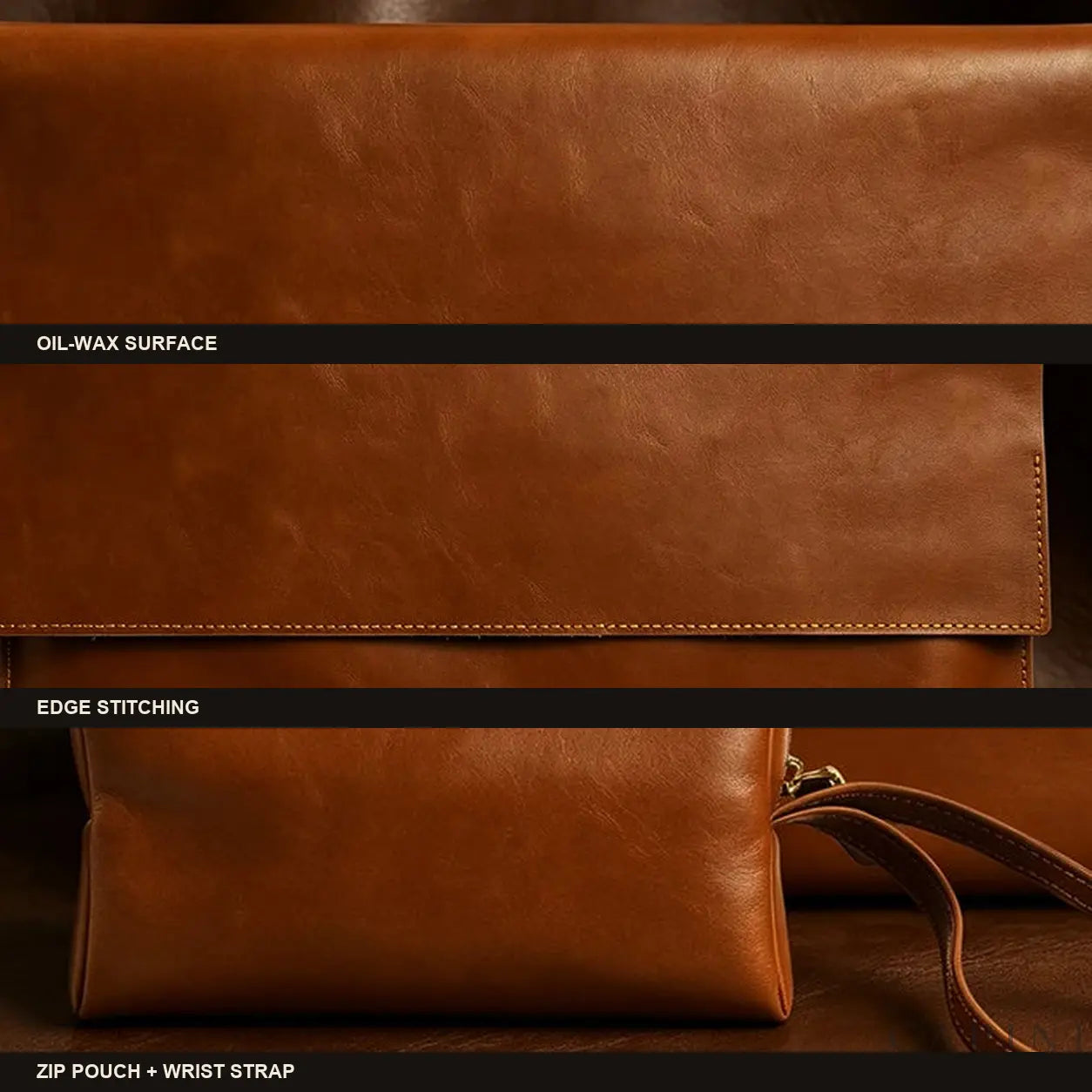 Ancona oil-wax leather surface, edge stitching and wrist pouch details
