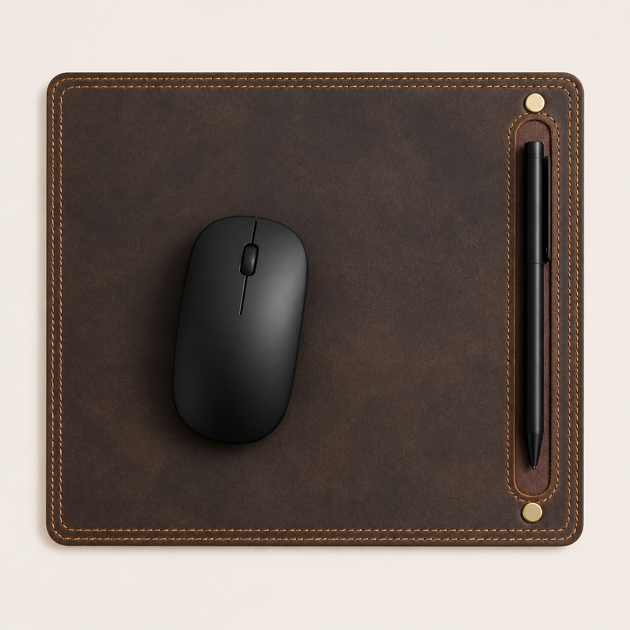 Top view of coffee-brown leather mouse pad with side pen holder
