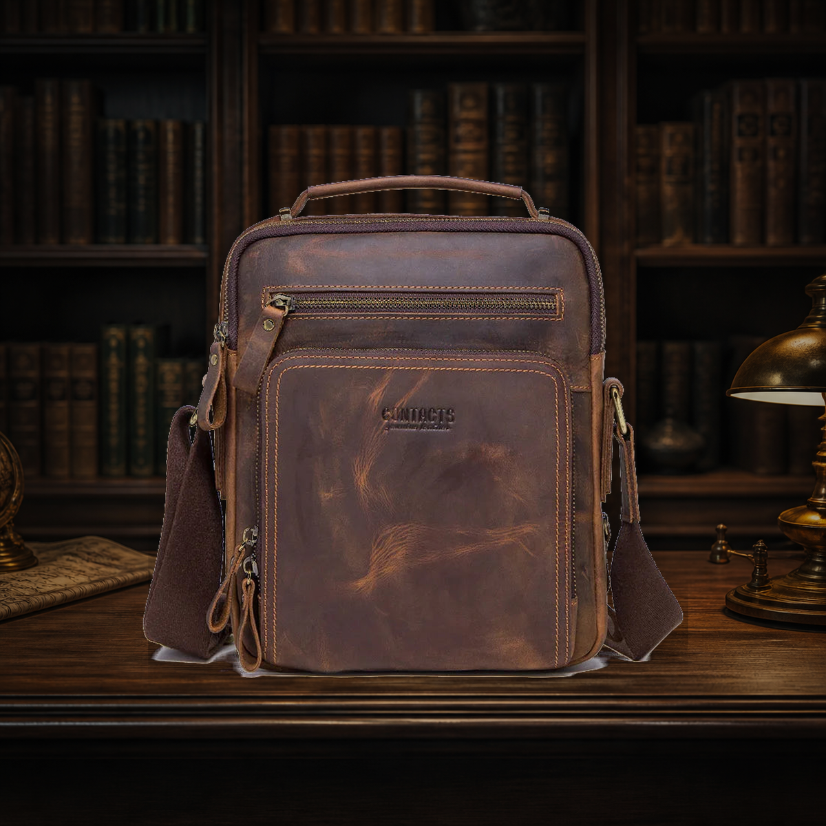 Volterra Crazy Horse messenger bag in Espresso, front view