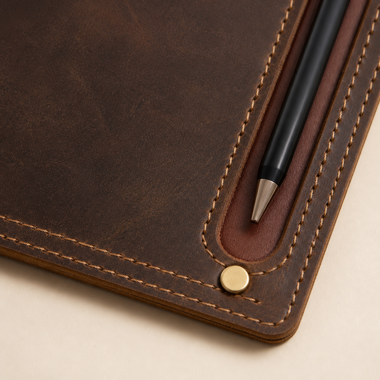Close detail of leather grain, tan stitching and brass pen-holder rivet