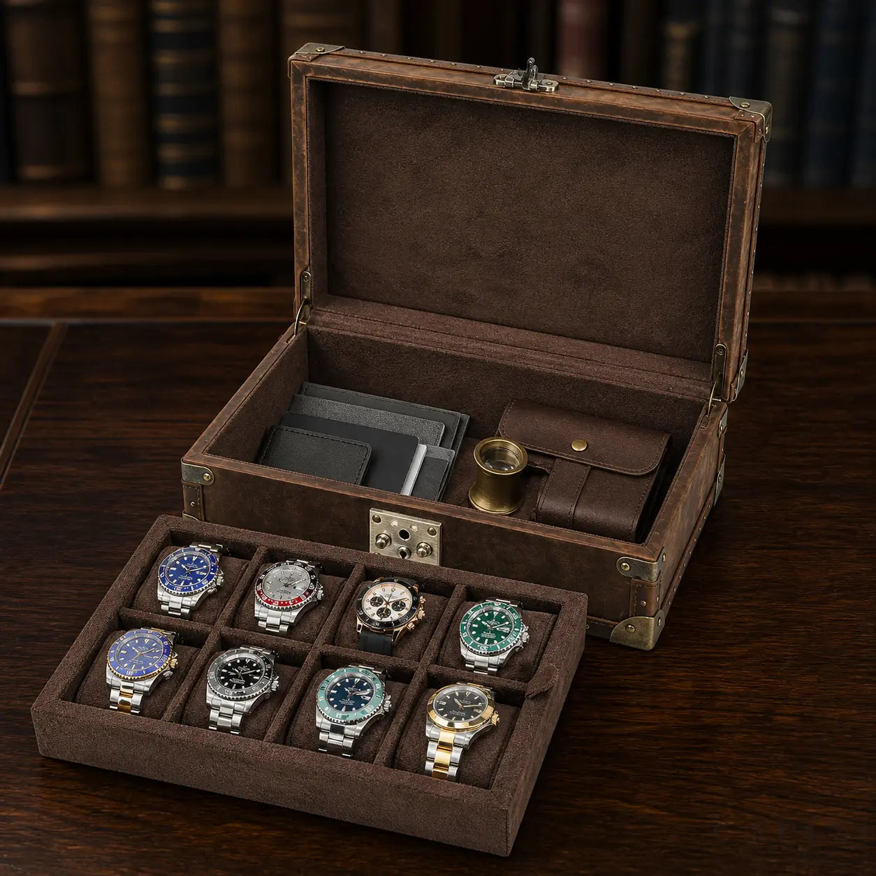 Perugia removable eight-watch tray revealing the concealed lower compartment