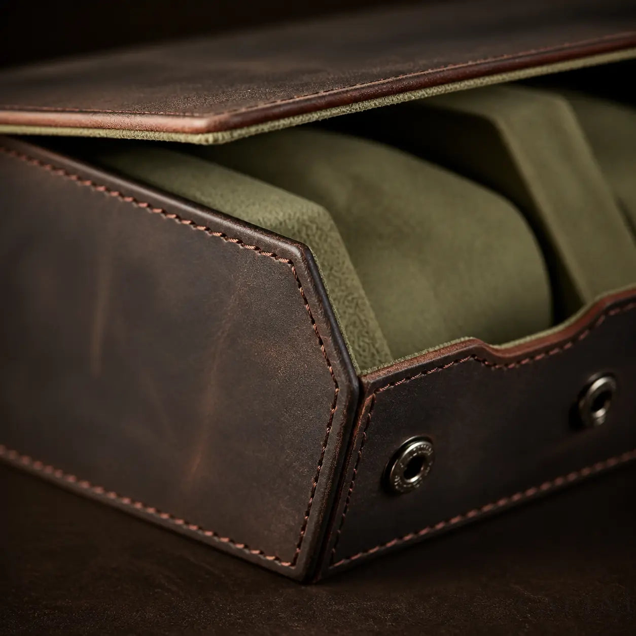 Close-up of Pienza Crazy Horse leather, stitching and snap details