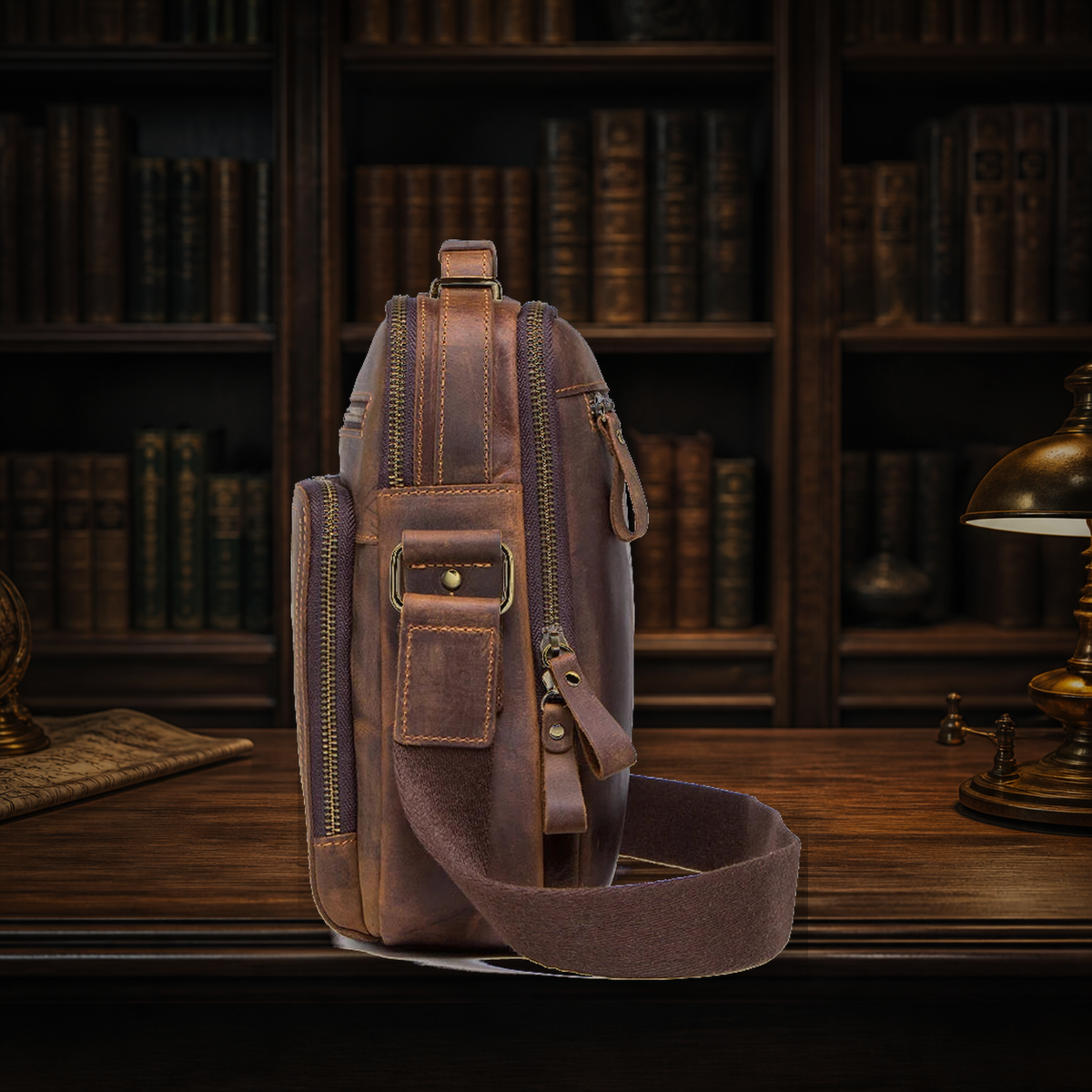 Volterra Crazy Horse messenger bag in Espresso, side profile