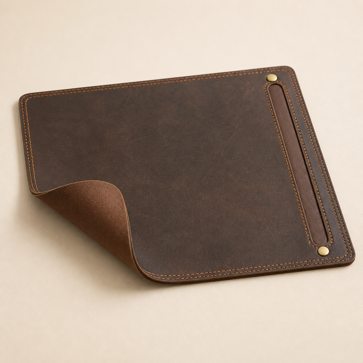 Leather mouse pad with lifted corner showing soft microfiber underside