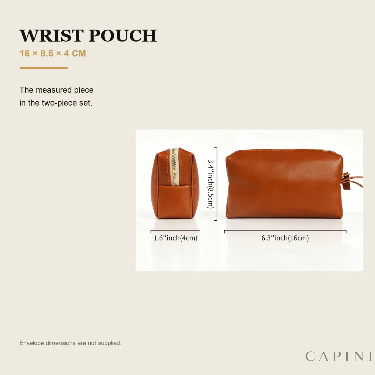Ancona wrist pouch dimensions: 16 by 8.5 by 4 centimetres