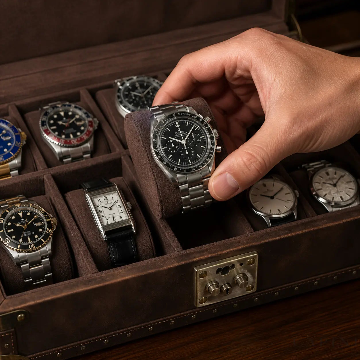 Perugia removable watch cushion with an Omega Speedmaster Moonwatch