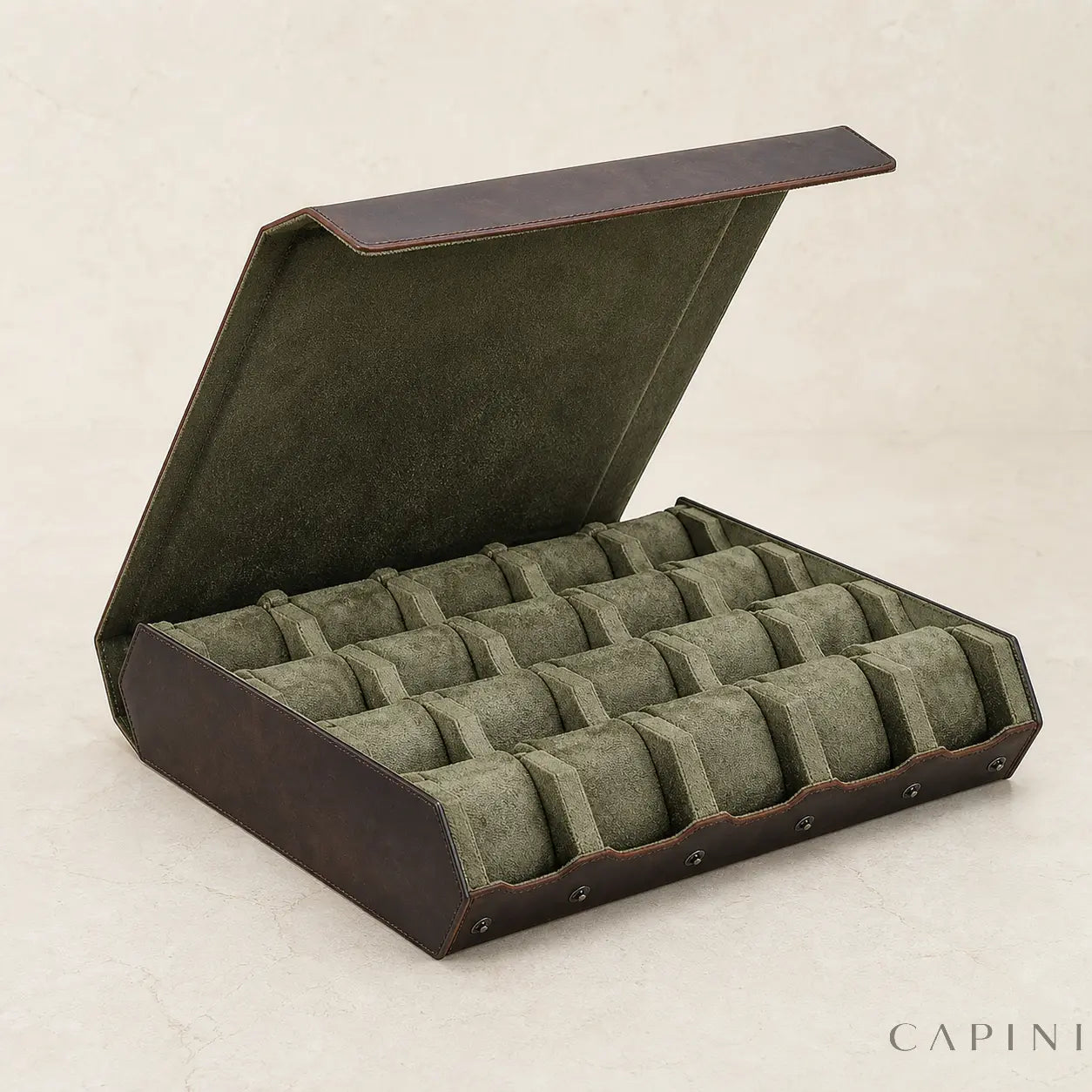 Pienza twenty-watch display case open with olive suede cushions