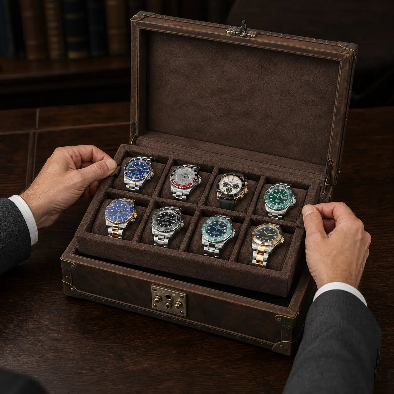 Perugia removable eight-watch tray lifted above the lower compartment